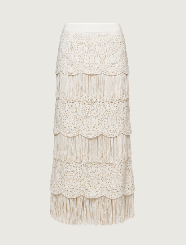 Mavericks Lace Fringe Tiered Maxi Skirt in Off White
