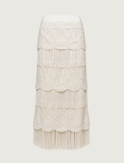 Mavericks Lace Fringe Tiered Maxi Skirt in Off White