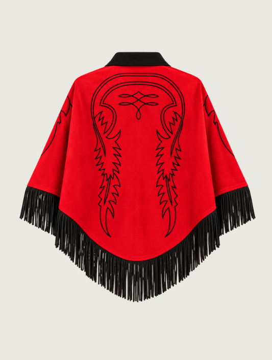 Lucky & Blessed Red Faux Suede Boot Stitch Fringe Cape