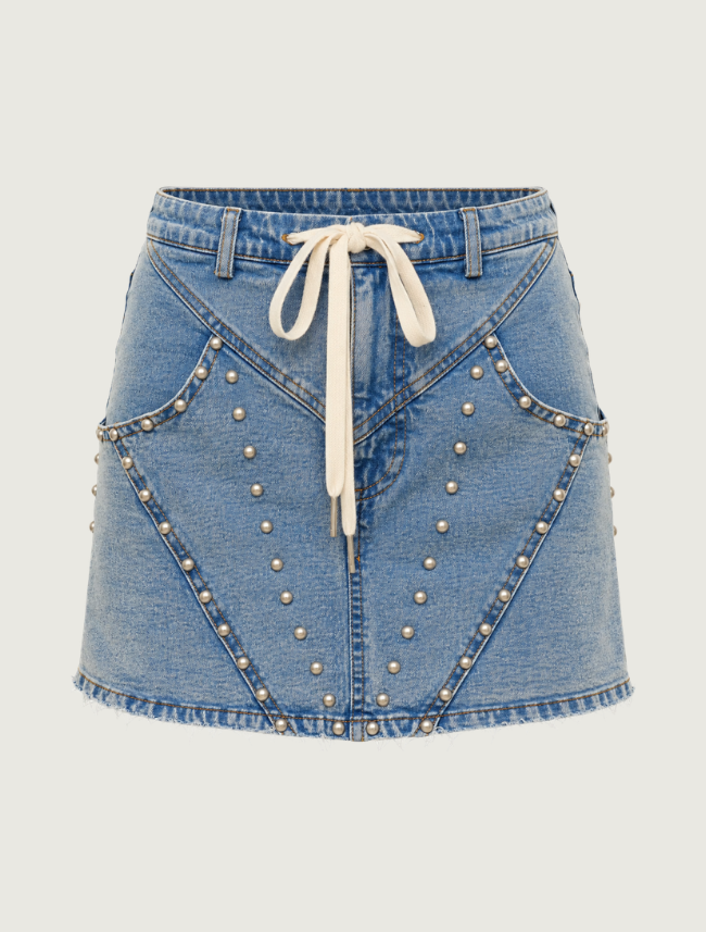 Mavericks Studded Denim Drawstring Skort in Medium Wash