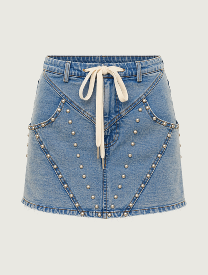 Mavericks Studded Denim Drawstring Skort in Medium Wash