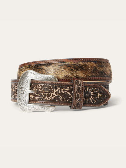 Stetson Men's Hair-on-Hide Tooled Tab Belt in Vintage Brown