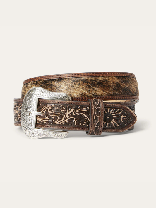 Stetson Men's Hair-on-Hide Tooled Tab Belt in Vintage Brown