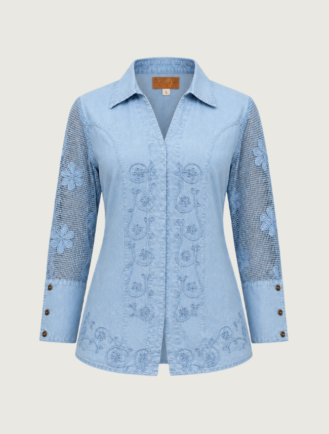 Scully Women's Embroided Blouse with Mesh Sleeves