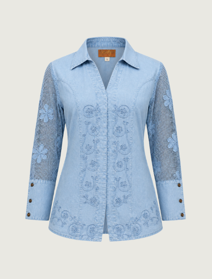 Scully Women's Embroided Blouse with Mesh Sleeves