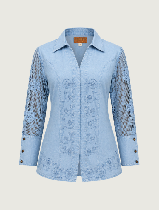 Scully Women's Embroided Blouse with Mesh Sleeves