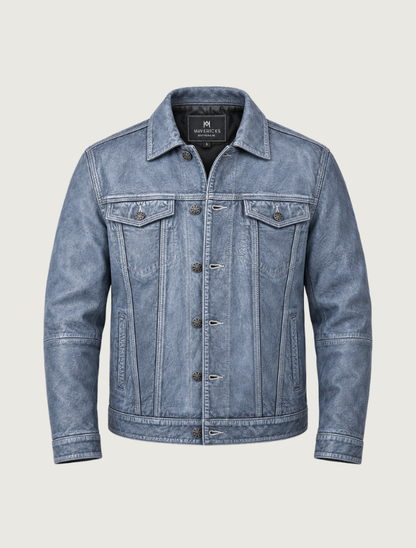 Mavericks Men's Blue Stone-Wash Leather Trucker Jacket