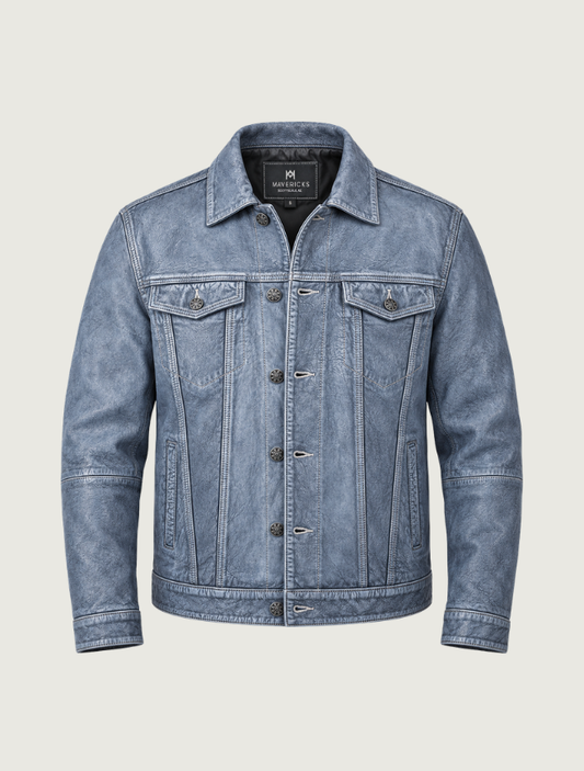 Mavericks Men's Blue Stone-Wash Leather Trucker Jacket