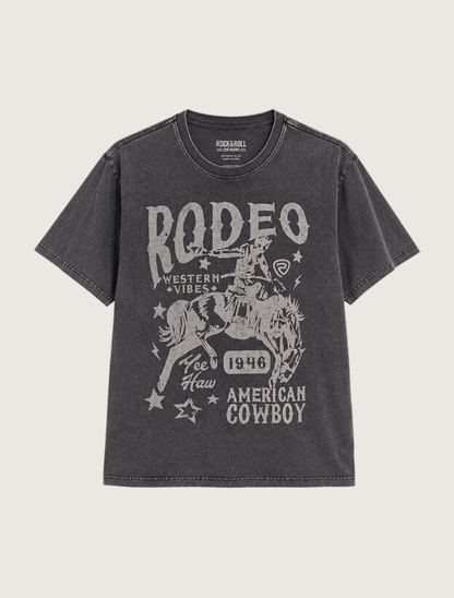 Rock & Roll Denim distressed oversized RODEO graphic t-shirt, front view, no model