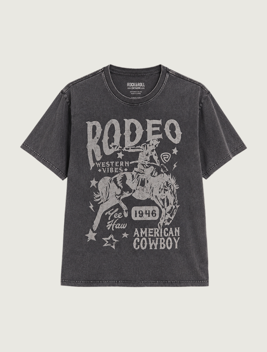 Rock & Roll Denim distressed oversized RODEO graphic t-shirt, front view, no model