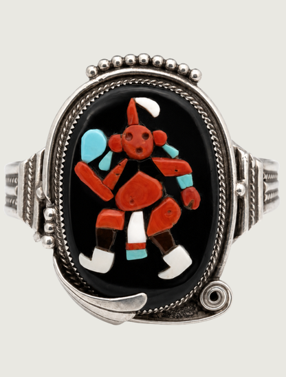 Zuni Sterling Silver Multi Stone Kachina Cuff Bracelet