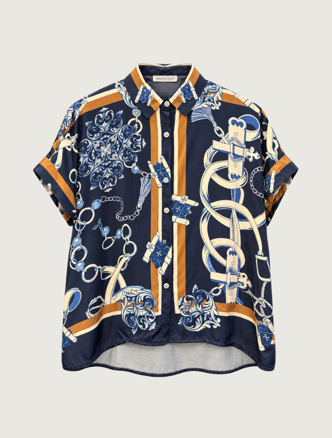 Look Mode Women's Navy Satin Chain Print Shirt