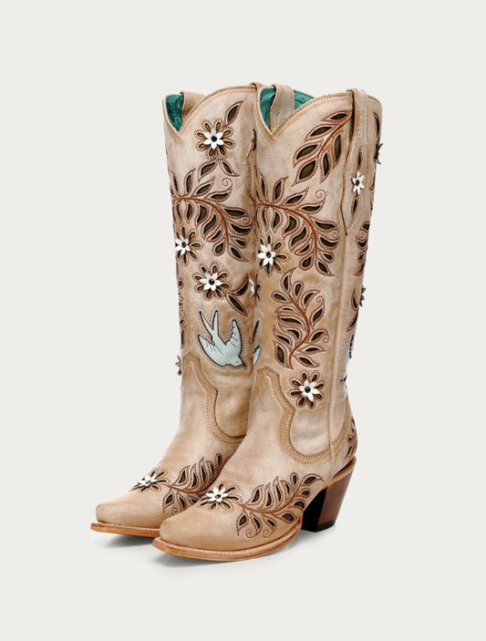 Corral Women's Straw Laser, Flowers & Birds Inlay Cowboy Boots