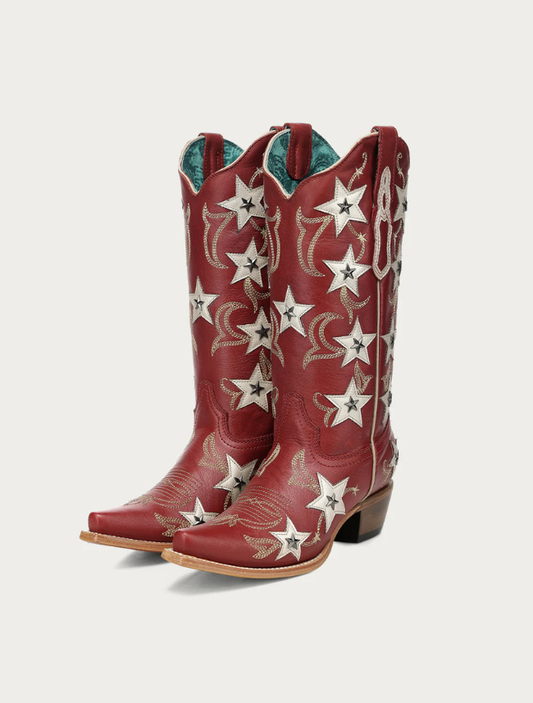 Corral Women's Red Embroidery & Stars Overlay Cowboy Boots