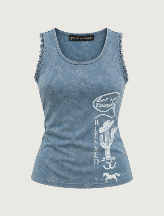 Lucky & Blessed Women's Navy Mineral Wash Graphic Tank Top
