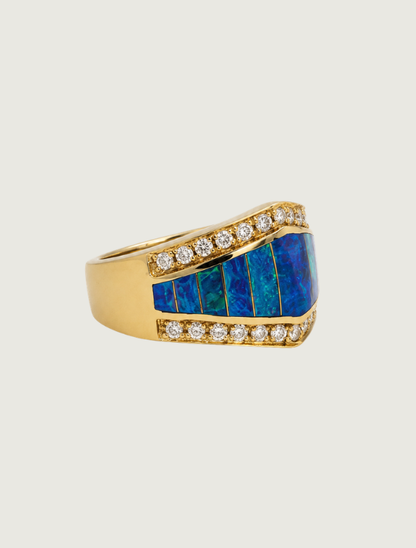 14K Yellow Gold Blue Opal & Diamond Ring