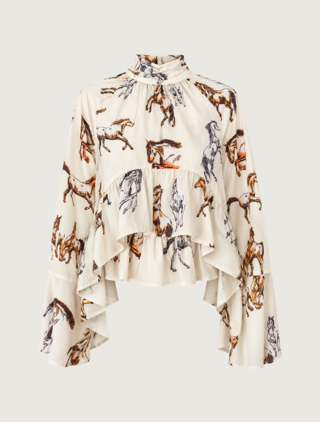 Mavericks High Neck Horse Print Ruffle Top in Ivory
