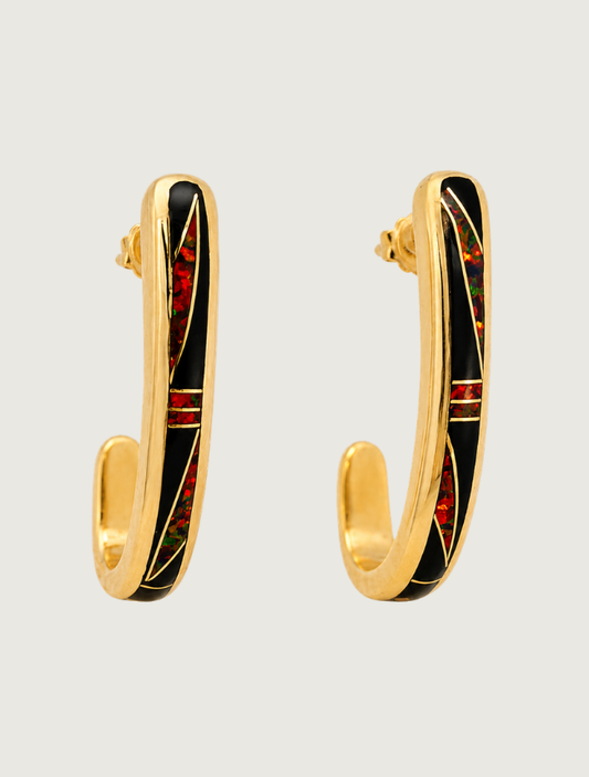 14K Yellow Gold Black Jade & Fire Opal Earrings