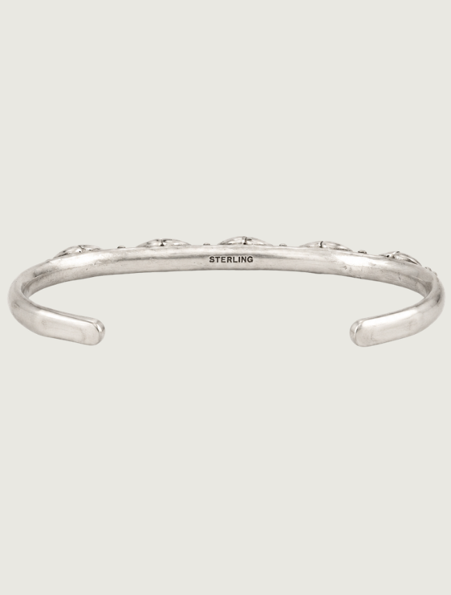 Sterling silver five-stone turquoise cuff, back view with sterling stamp