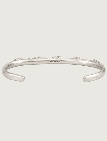 Sterling silver five-stone turquoise cuff, back view with sterling stamp