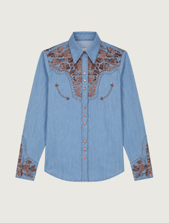 Scully floral embroidered snap front shirt in blue — front view