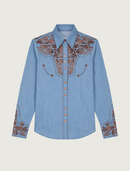 Scully floral embroidered snap front shirt in blue — front view