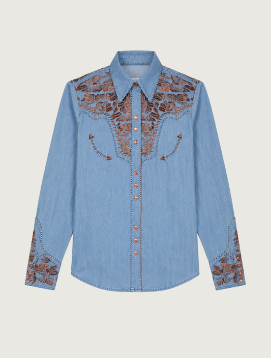 Scully floral embroidered snap front shirt in blue — front view