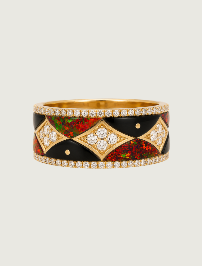 14K Yellow Gold Diamond, Black Jade, & Red Opal Ring