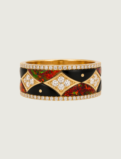 14K Yellow Gold Diamond, Black Jade, & Red Opal Ring