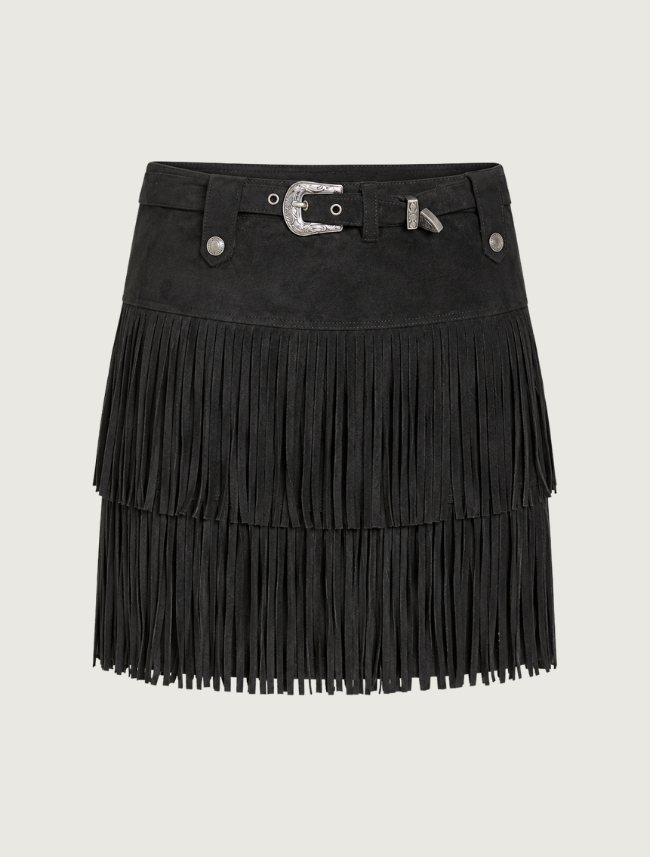 Rock & Roll Denim Fringe Microsuede Skirt
