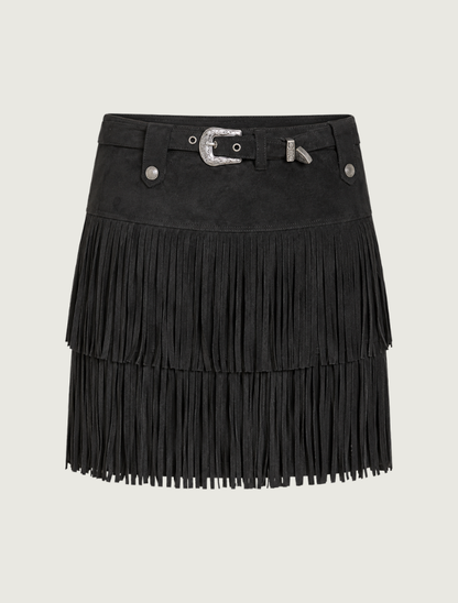 Rock & Roll Denim Fringe Microsuede Skirt