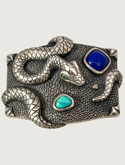 J. Deegan Sterling Silver Turquoise & Lapis Snake Belt Buckle