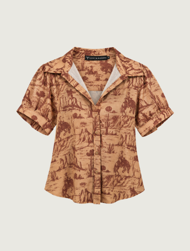 Lucky & Blessed Camel Western Scene Mesh Button Down Shirt