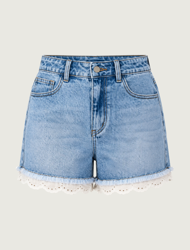 Mavericks Lace Hem Denim Shorts in Light Wash