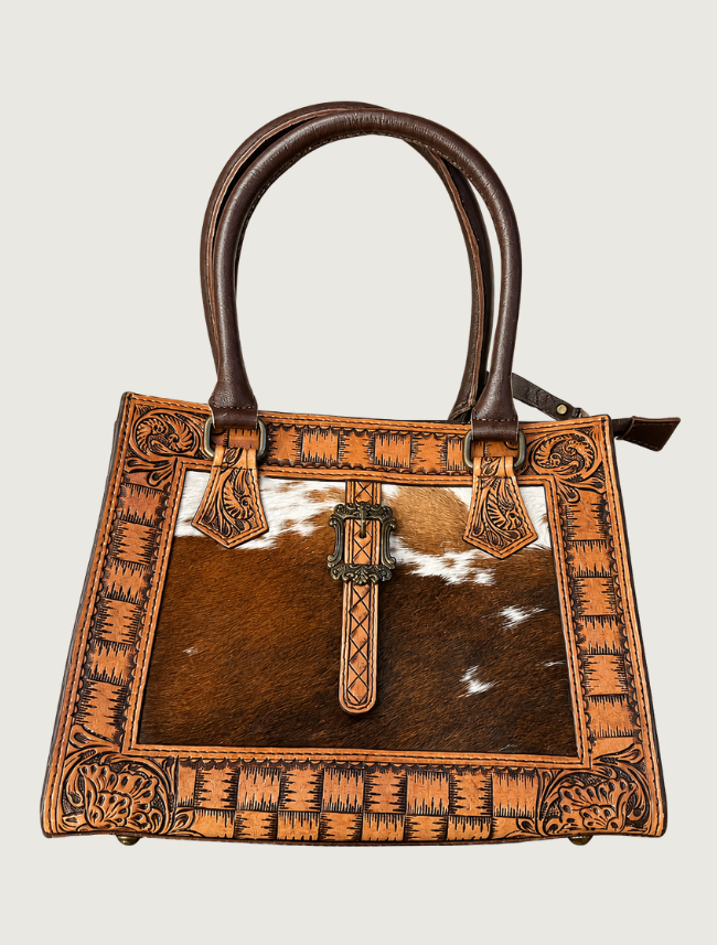 Mavericks Basketweave Tooled Leather Tote with Cowhide Panel