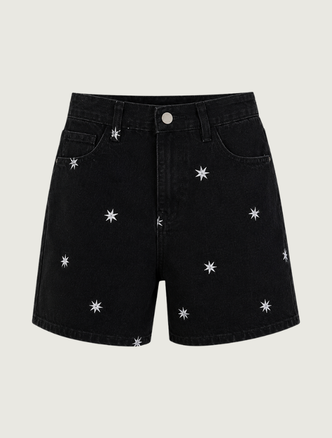 Raisonnel Star-Embroidered Black Denim Shorts
