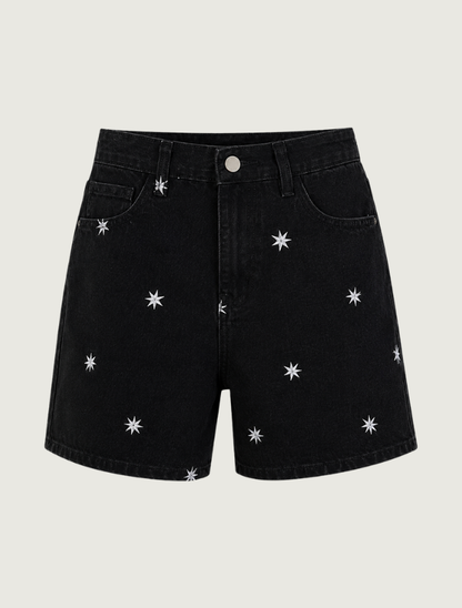 Raisonnel Star-Embroidered Black Denim Shorts