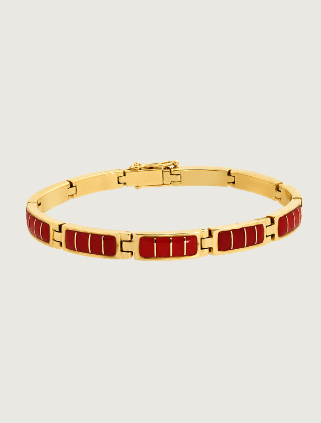 14K Yellow Gold Red Coral Link Bracelet