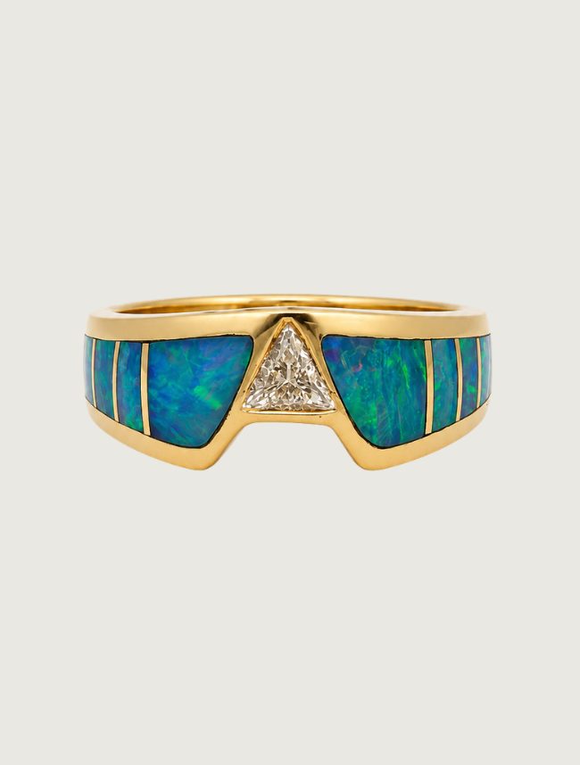 14K Yellow Gold Blue Opal & Diamond Ring