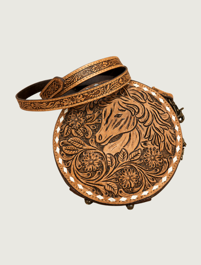 Mavericks Tooled Brown Leather Round Crossbody with Horse & Flowers