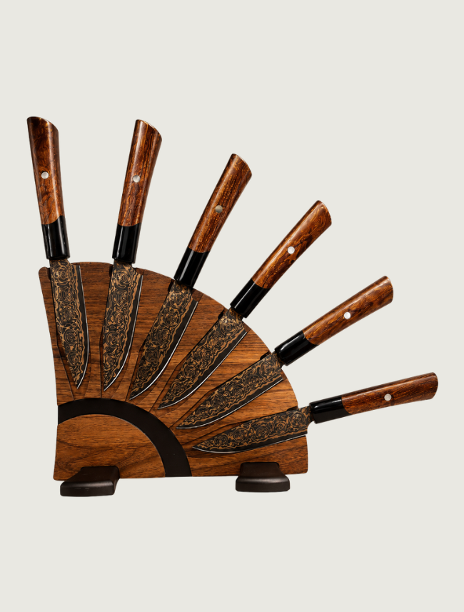 William Henry 'Black Flare' Damascus Steak Knife Set with Ironwood and Pearl Handles and Red Maple Display