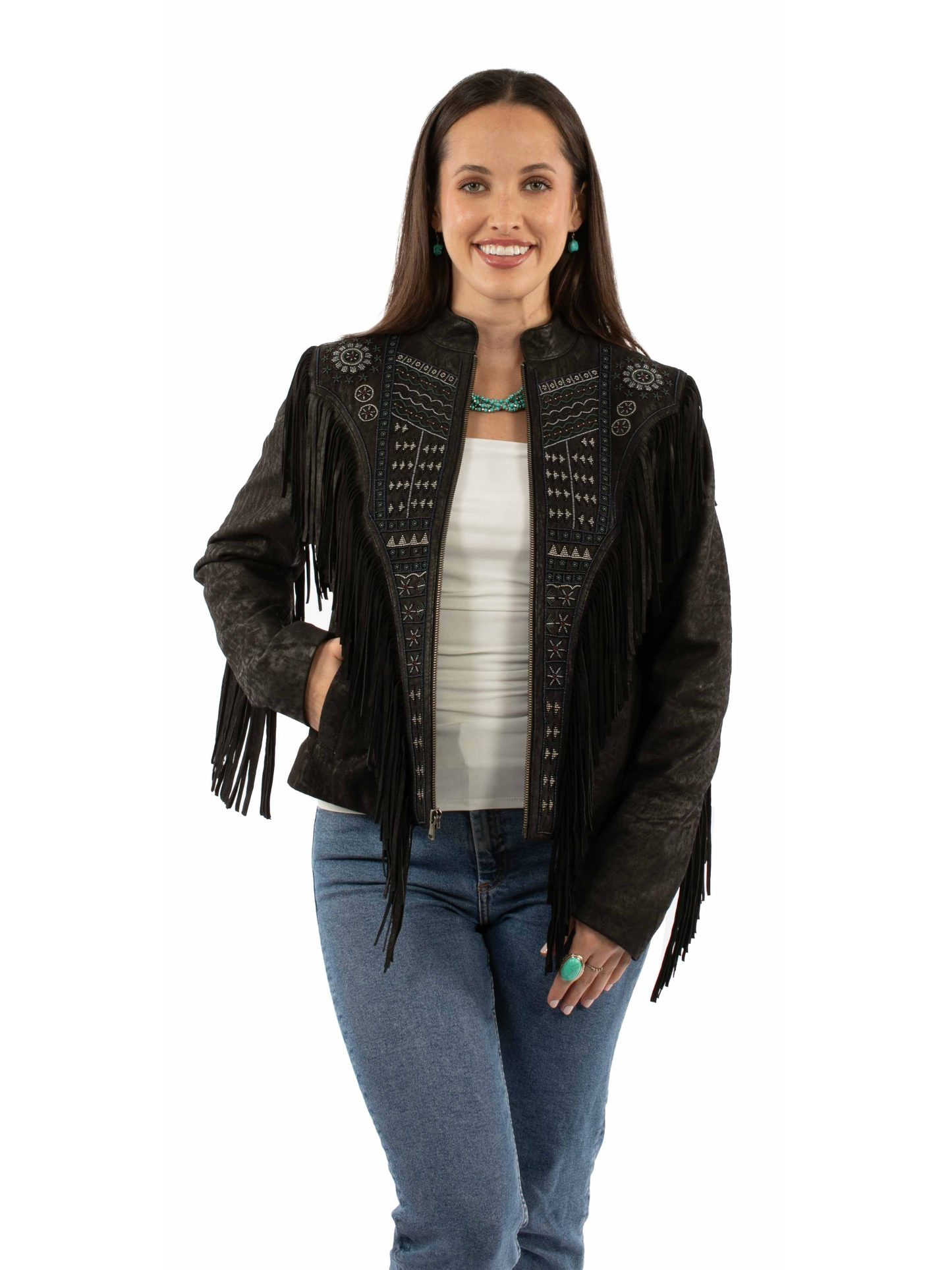 Scully Lambskin Embroidered Fringe Jacket
