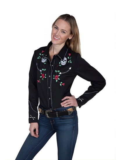 Scully Women's Skulls & Roses Embroidered Shirt