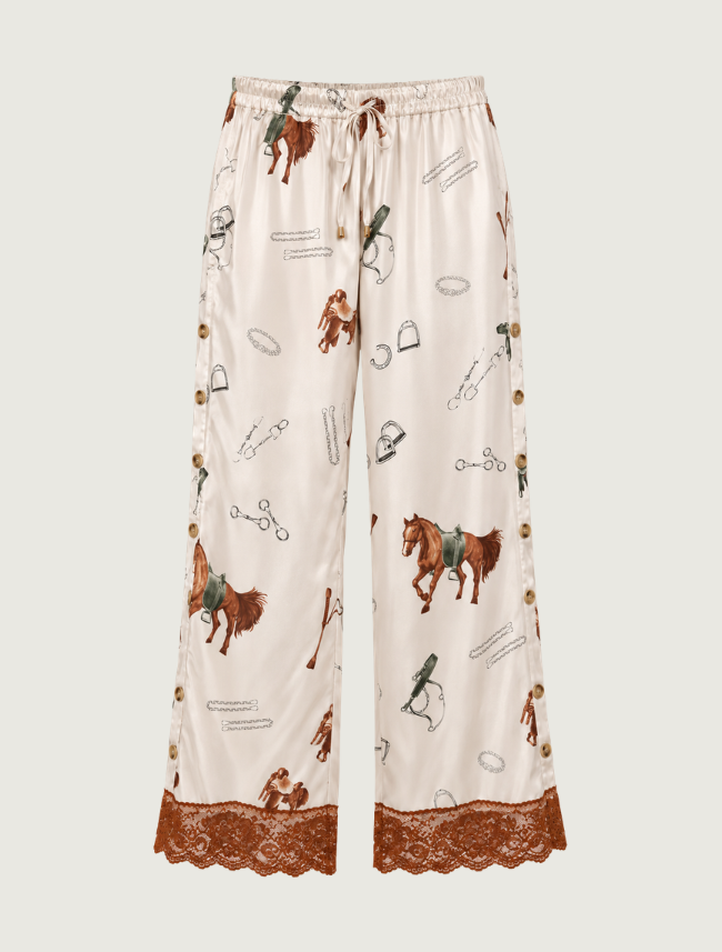 Mavericks Satin Horse Print Lace Hem Pants in Silver Grey