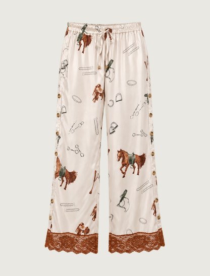 Mavericks Satin Horse Print Lace Hem Pants in Silver Grey