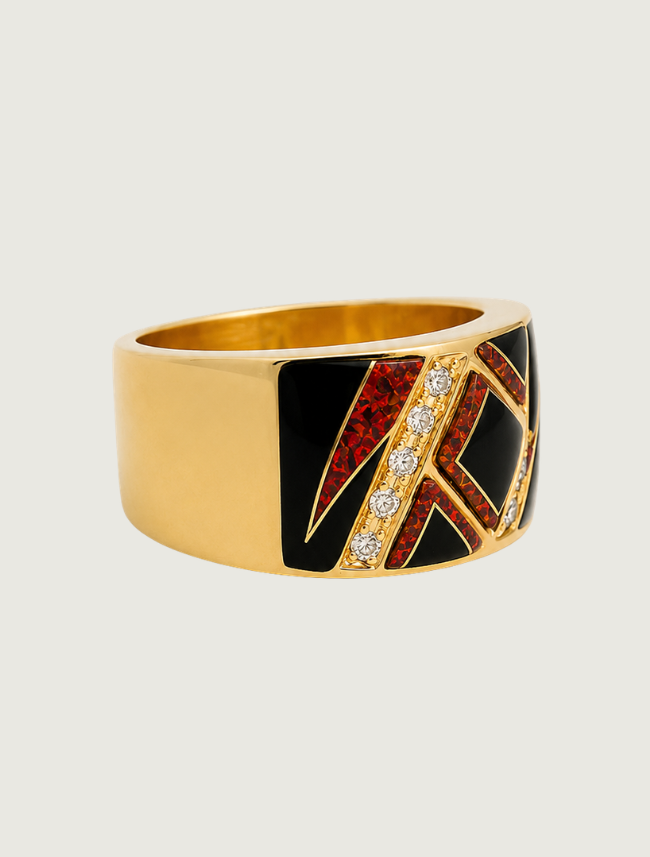 14K Yellow Gold Diamond, Black Jade, & Fire Opal Ring