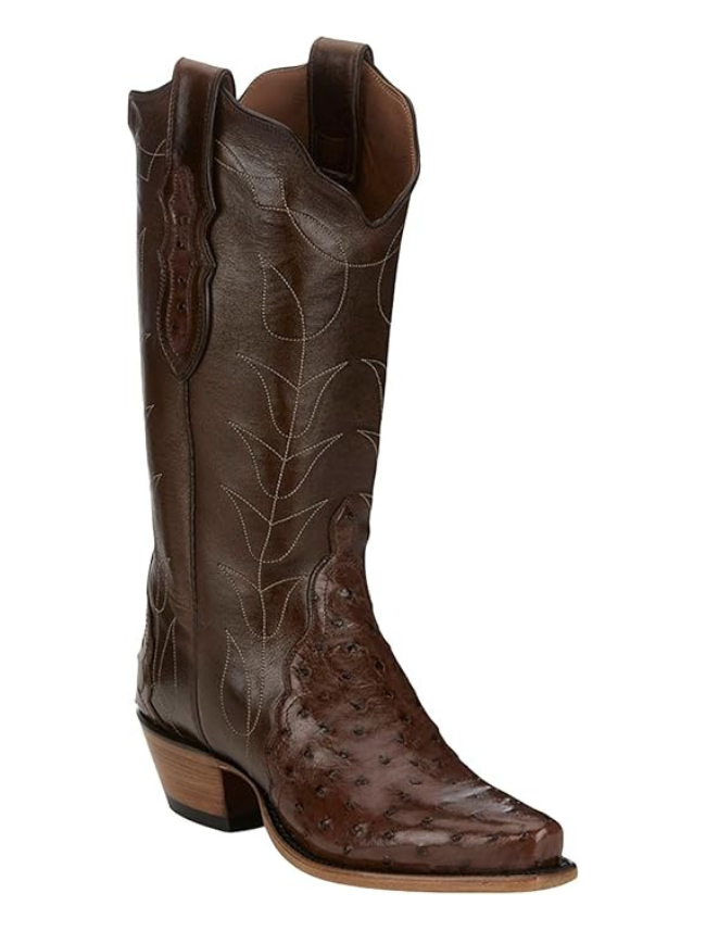 Brown cowboy boot with detailed design on a white background