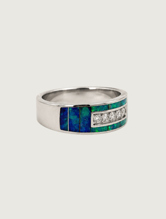 14K White Gold Opal Inlay & Diamond Ring