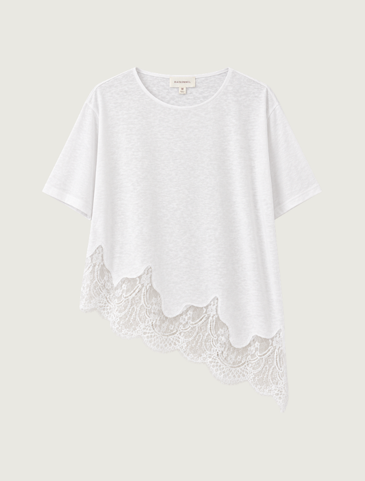 Raisonnel White Slub Knit Lace Hem Tee