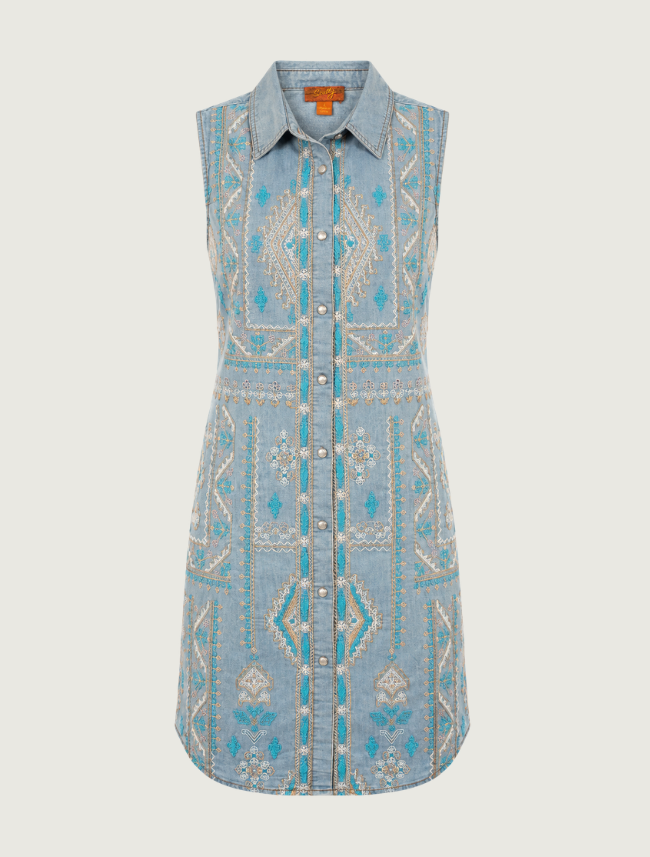 Scully Women's Blue Embroidered Sleeveless Button Front Dress